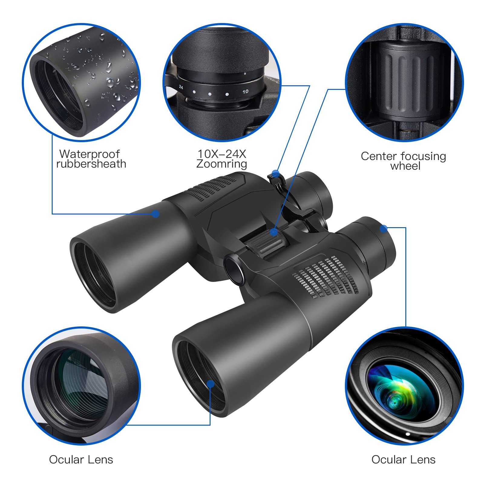 Zoom Binoculars For Adults,10 24X50 Binoculars With Smartphone Adapter, Compact Waterproof Binoculars For Bird Watching Hunting